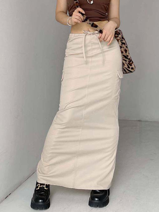 GILIPUR レディース カジュアル フラップ ポケット ドローストリング ウエスト カーゴ マキシ スカート MH004